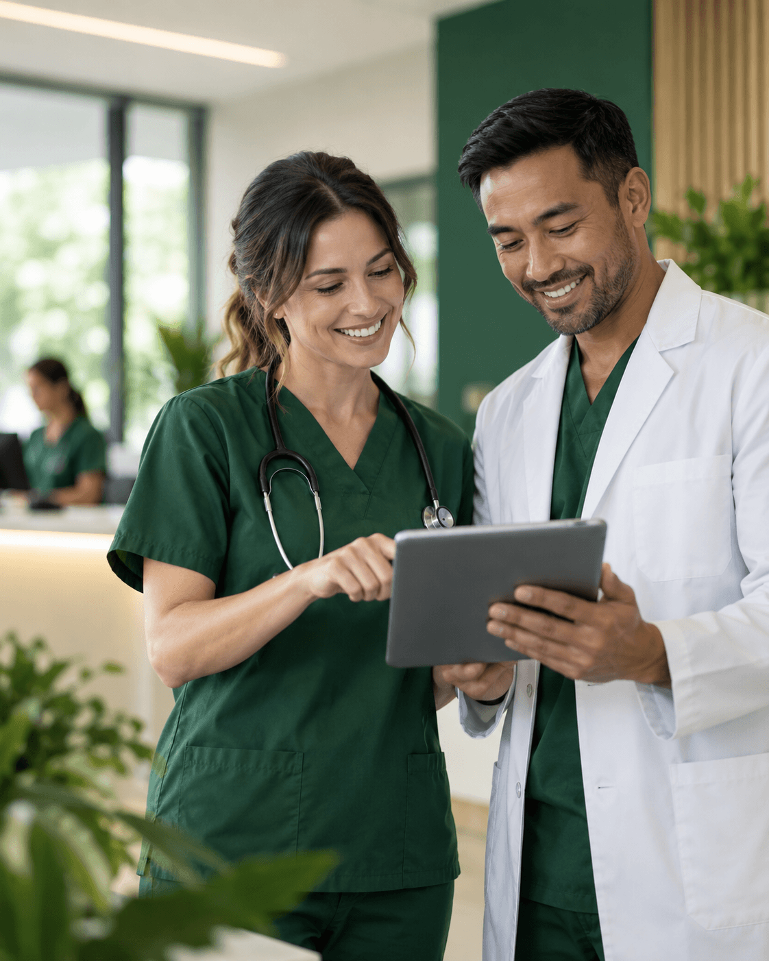 Two professionals discussing their work over a digital tablet
